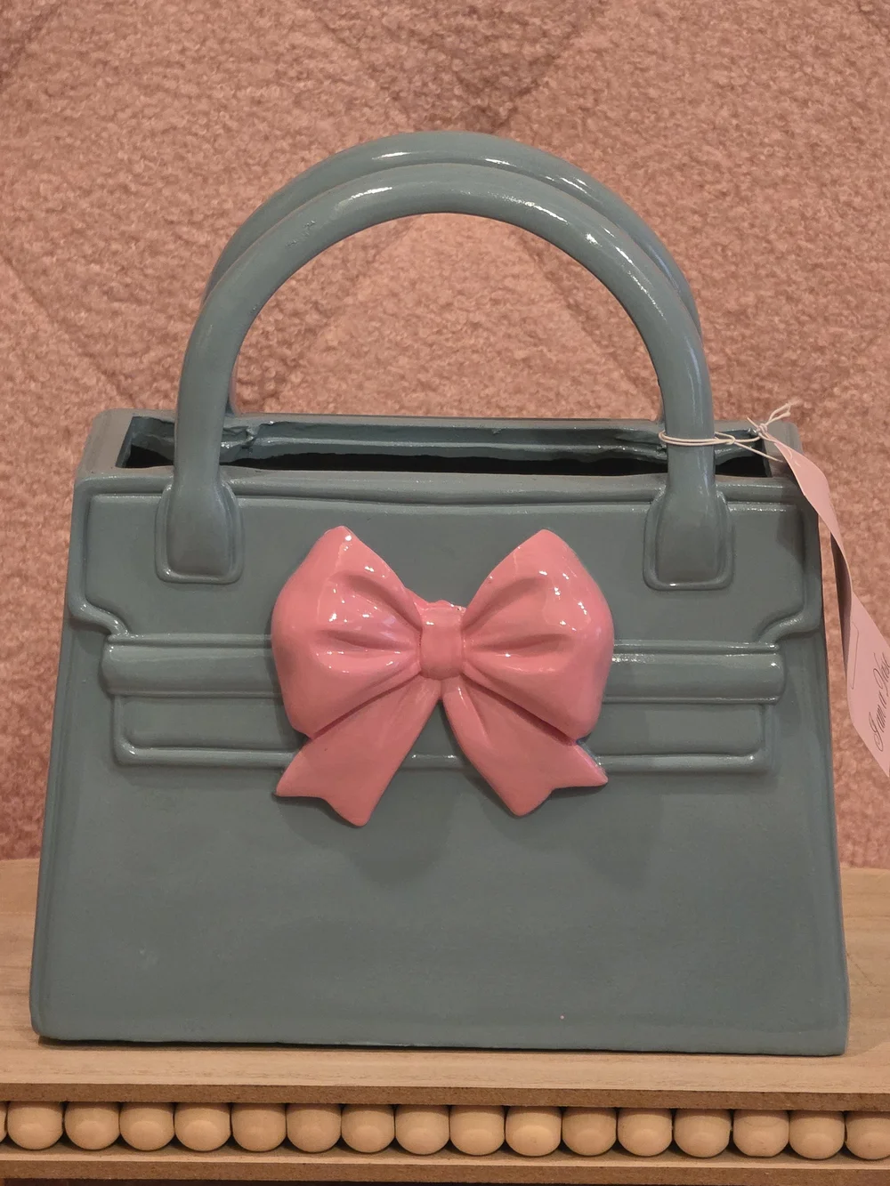 Blue Handbag with Pink Bow Accent Vase